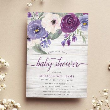 Rustic Purple Watercolor Floral Girl Baby Shower Invitation by printcreekstudio at Zazzle