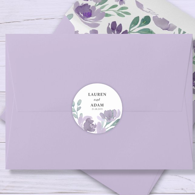 Rustic Purple Watercolor Floral Wedding  Classic Round Sticker (Creator Uploaded)