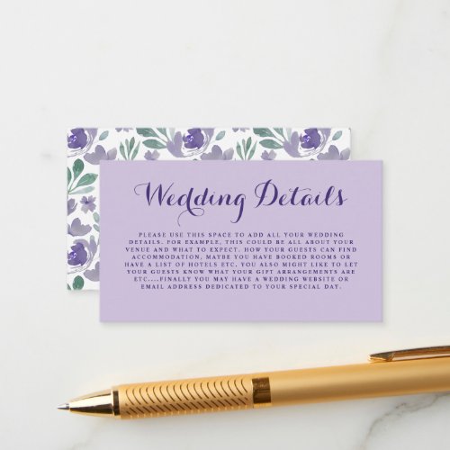 Rustic Purple Watercolor Floral Wedding Details Enclosure Card