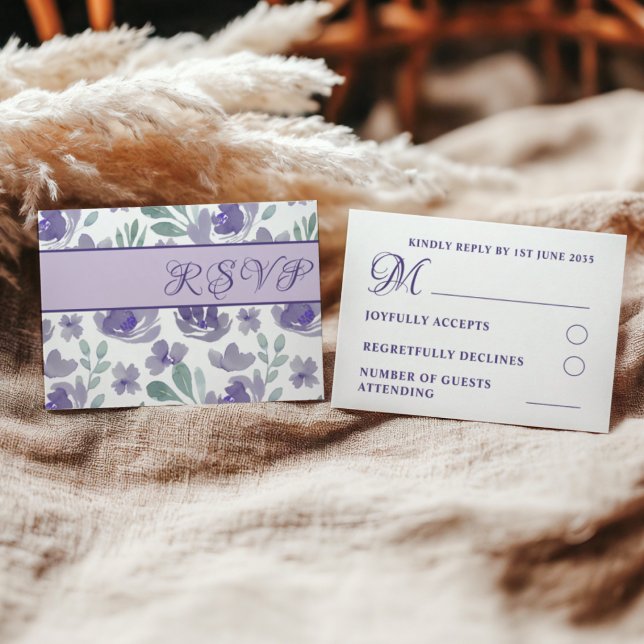 Rustic Purple Watercolor Floral Wedding RSVP Card (Creator Uploaded)
