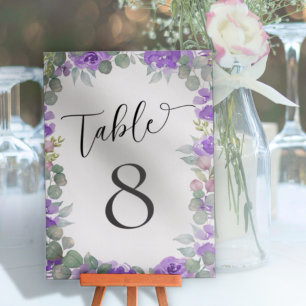 Rustic Purple Watercolor Floral Wedding Table Number