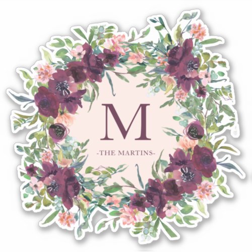 Rustic Purple Watercolor Wreath with Monogram Sticker