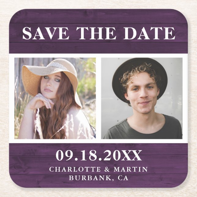 Rustic Purple Wedding 2 Photo Save The Date Square Paper Coaster (Front)