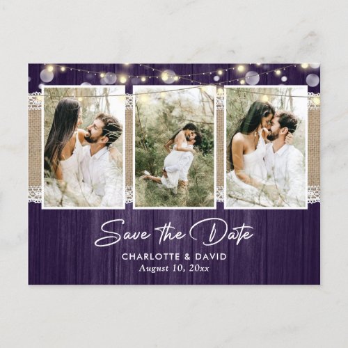 Rustic Purple Wedding Photo Save The Date Announcement Postcard