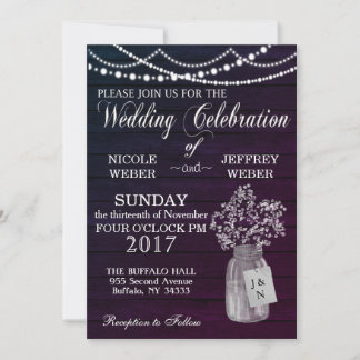 Rustic Purple Wedding Wood Mason Jar Babys Breath Invitation