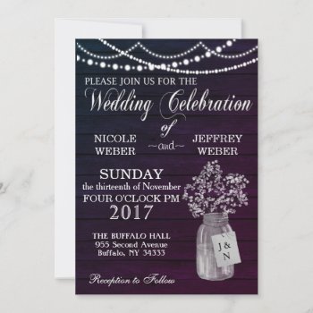 Rustic Purple Wedding Wood Mason Jar Babys Breath Invitation by My_Wedding_Bliss at Zazzle