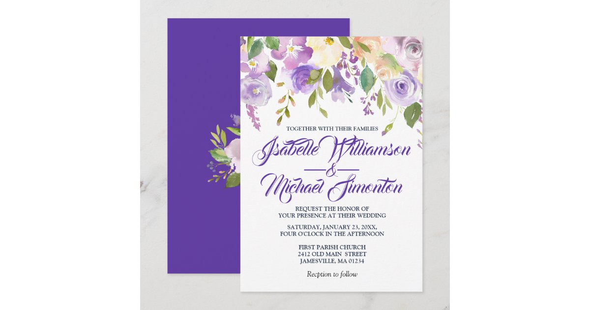 Rustic Purple White Floral Wedding Invitations | Zazzle