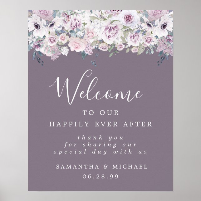 Rustic Purple White Floral Wedding Welcome Sign (Front)
