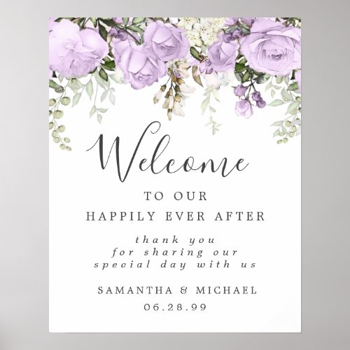 Rustic Purple White Floral Wedding Welcome Sign