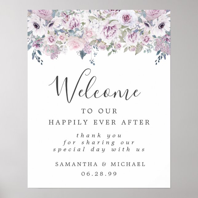 Rustic Purple White Floral Wedding Welcome Sign (Front)