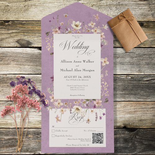 Rustic Purple Wildflower Frame QR Code All In One Invitation