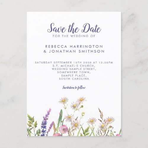 Rustic Purple Wildflower Wedding Save The Date Postcard