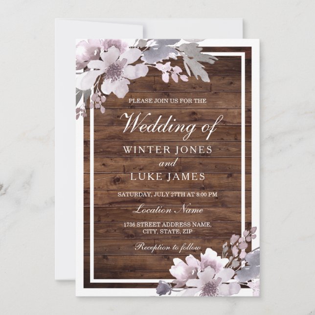 Rustic Purple Winter Watercolor Floral Wedding Invitation (Front)