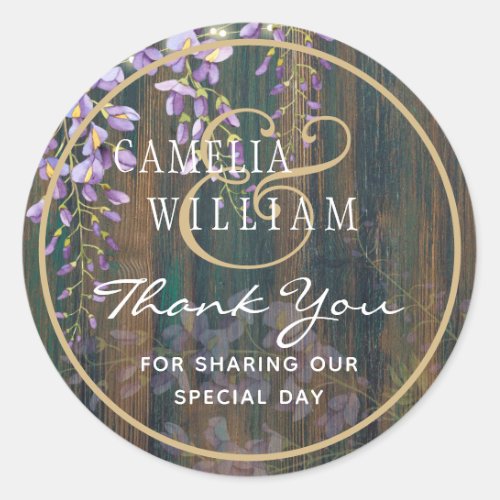 Rustic Purple Wisteria Lace Lights Wood Wedding Classic Round Sticker