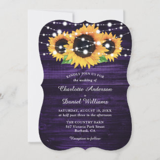 Rustic Purple Wood and Sunflower Wedding Invitation