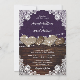 Rustic Purple Wood Burlap Lace Wedding Invitation