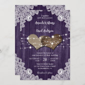 Rustic Purple Wood Burlap Lace Wedding Invitation (Front/Back)