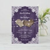 Rustic Purple Wood Burlap Lace Wedding Invitation (Standing Front)