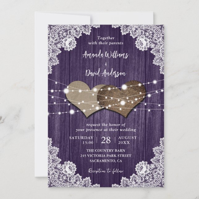 Rustic Purple Wood Burlap Lace Wedding Invitation (Front)