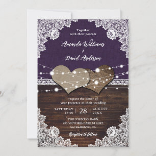Rustic Purple Wood Burlap Lace Wedding Invitation