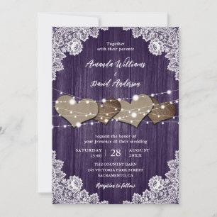 Rustic Purple Wood Burlap Lace Wedding Invitation