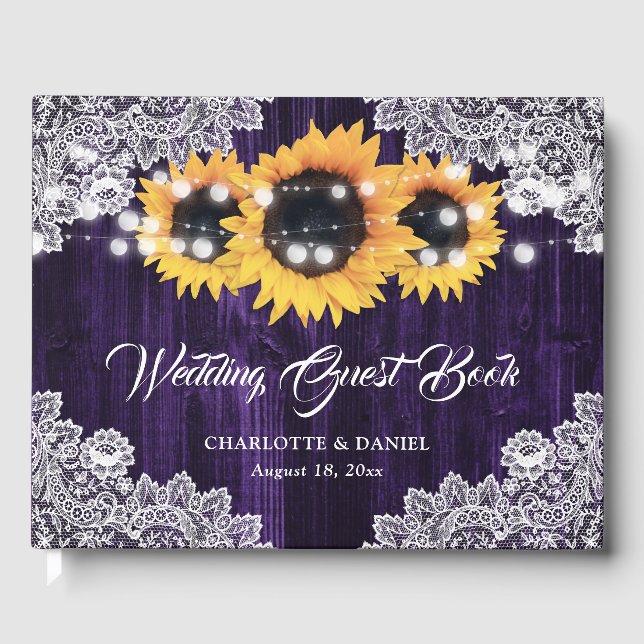 Rustic Purple Wood Floral Lace Sunflower Wedding Guest Book (Front)
