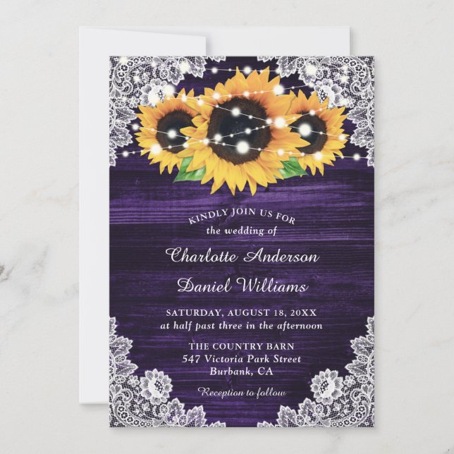Rustic Purple Wood Floral Lace Sunflower Wedding Invitation (Front)