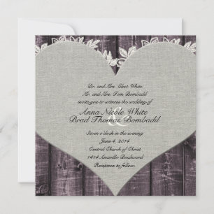 Rustic Purple Wood Heart Wedding Invitation