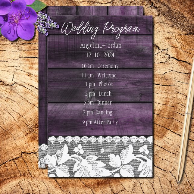 Rustic purple wood &lace- Program Paper Sheet (Creator Uploaded)
