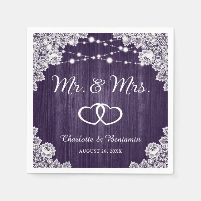 Rustic Purple Wood Lace String Lights Wedding Napkins (Front)