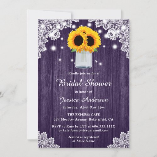 Rustic Purple Wood Lace Sunflower Bridal Shower Invitation