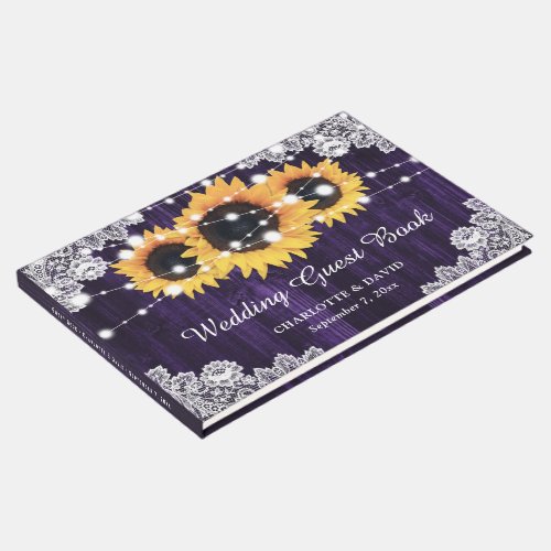 Rustic Purple Wood Lace Sunflower Wedding Guest Book