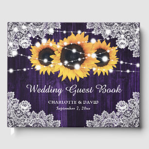 Rustic Purple Wood Lace Sunflower Wedding Guest Book