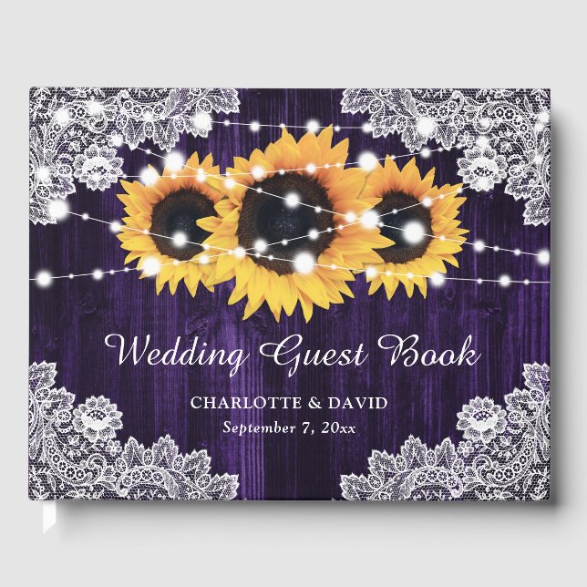 Rustic Purple Wood Lace Sunflower Wedding Guest Book (Front)