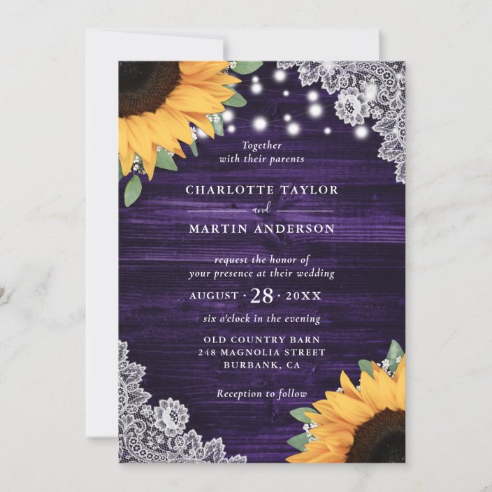 Rustic Purple Wood Lace Sunflower Wedding Invitation