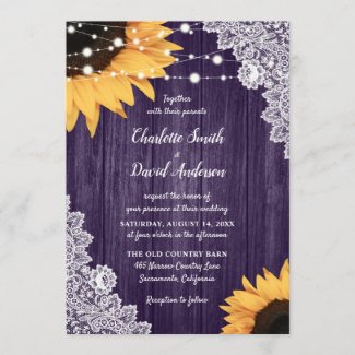 Rustic Purple Wood Lace Sunflower Wedding Invitation