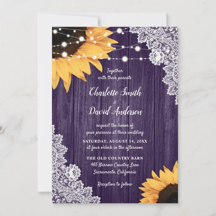 Rustic Purple Wood Lace Sunflower Wedding Invitation