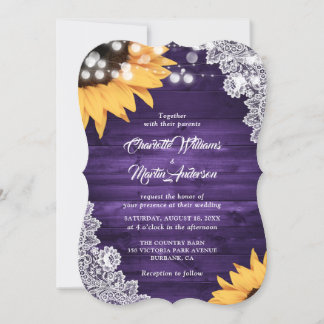 Rustic Purple Wood Lace Sunflower Wedding Invitation