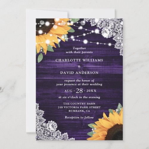 Rustic Purple Wood Lace Sunflower Wedding Invitation