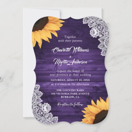 Rustic Purple Wood Lace Sunflower Wedding Invitation