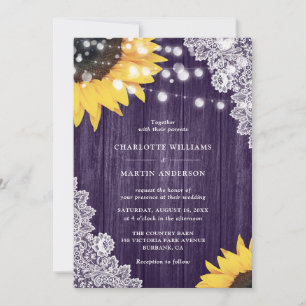 Rustic Purple Wood Lace Sunflower Wedding Invitation