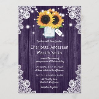 Rustic Purple Wood Lace Sunflower Wedding Invites