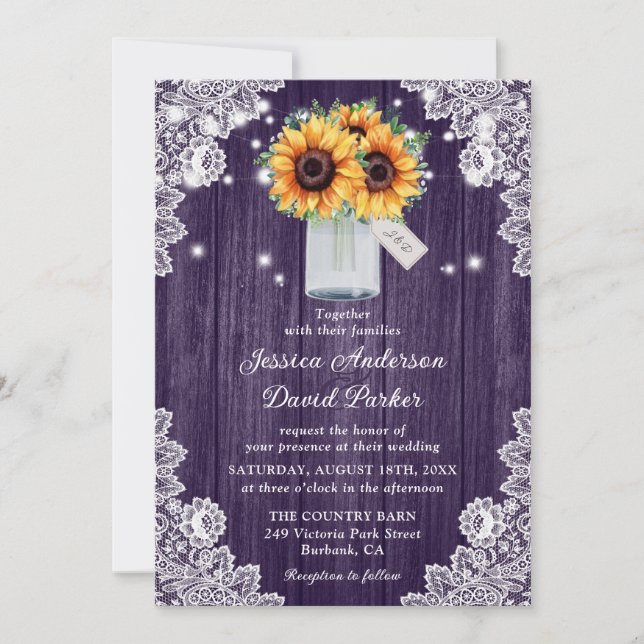 Rustic Purple Wood Lace Sunflower Wedding Invites (Front)