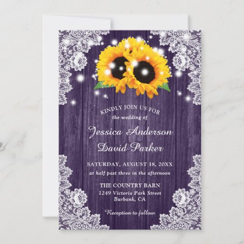 Rustic Purple Wood Lace Sunflower Wedding Invites
