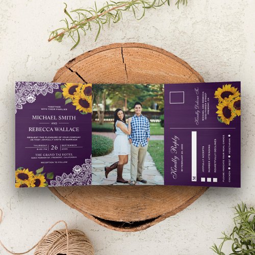 Rustic Purple Wood Lace Sunflower Wedding Photo Tri_Fold Invitation