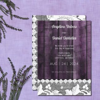 Rustic purple wood &lace   - Wedding Invitation