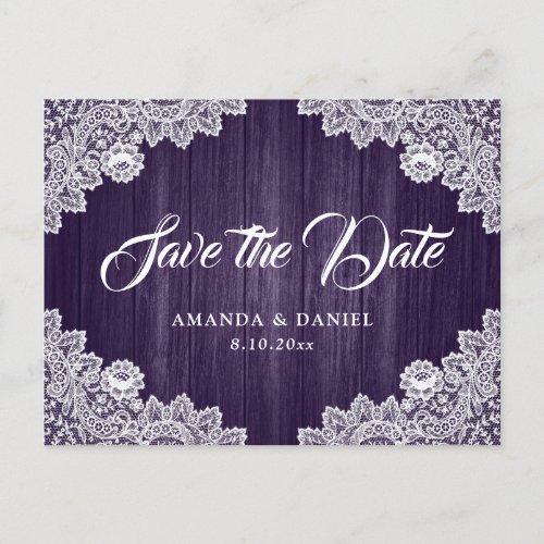 Rustic Purple Wood Lace Wedding Save The Date Announcement Postcard