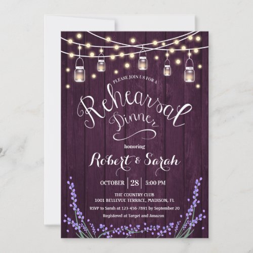 Rustic Purple Wood Lavender Rehearsal Dinner Invitation