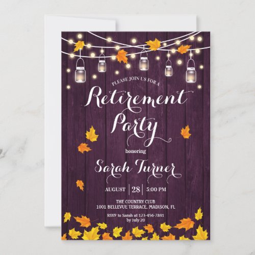 Rustic Purple Wood Lights Leaves Retirement Party Invitation
