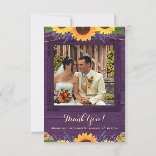 Rustic Purple Wood Lights Sunflower Wedding Photo Thank You Card